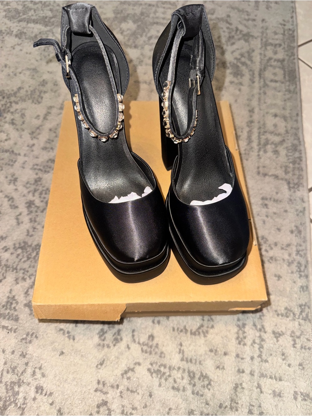 New Black Satin Platform Heels with Jeweled Ankle Strap size 36 (6)